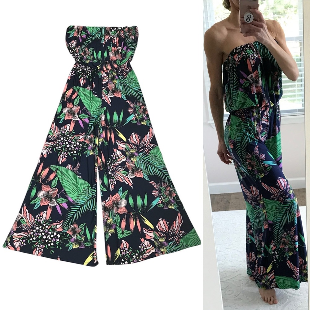 Beach Break Strapless Wide Leg Jumpsuit Navy Tropical Floral Large Resort Beach